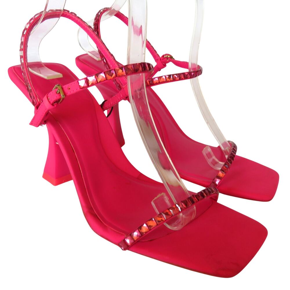 Nwt ZARA Fuchsia Satin w/ Rhinestones Ankle Strap High Heel Sandals  Sz 8 EU 39